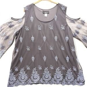 Pyramid Collection Embroidered Boho Top Festival Flowy Blue Cold Shoulder